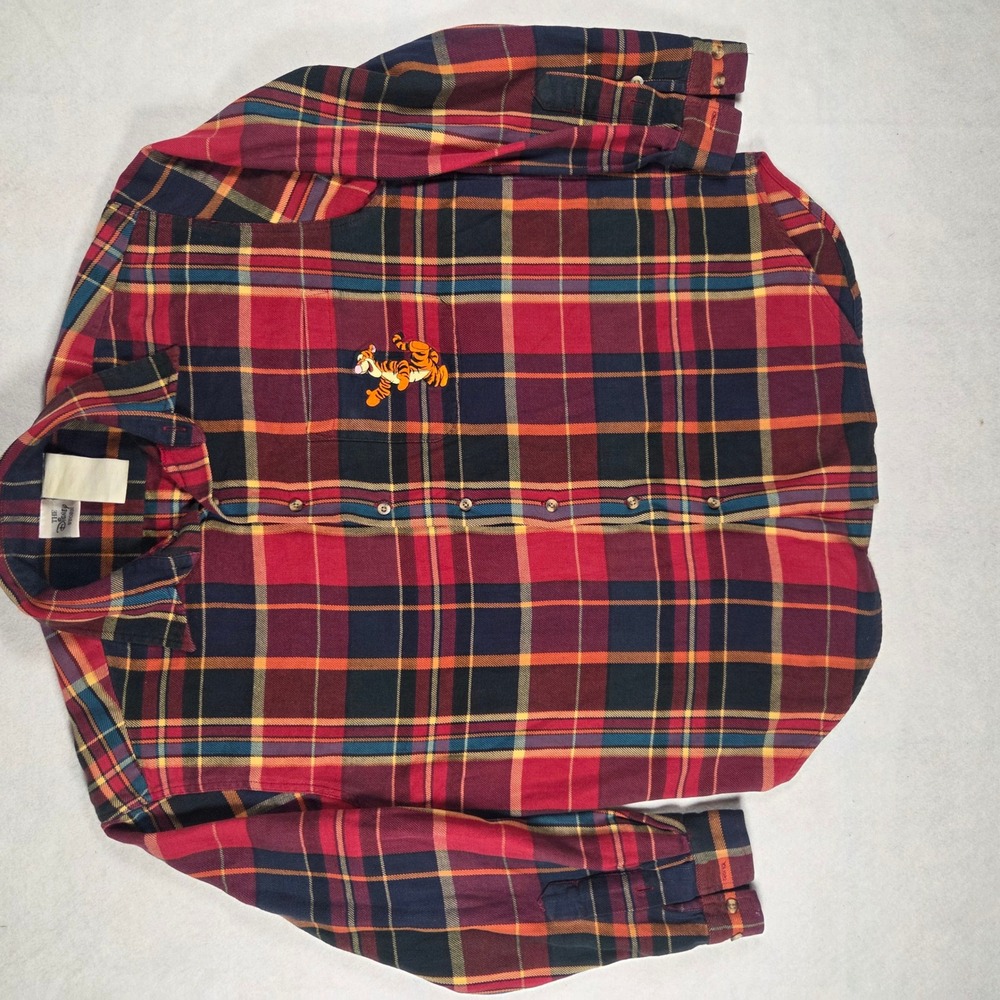 Disney Store Tigger Plaid Button Down Shirt Red Navy Orange Embroidered XL